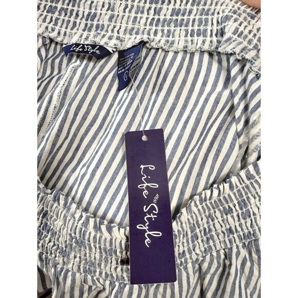 NWT Life Style Navy/White Long Sleeve Blouse Navy Trim Off Shoulder Size Large - Picture 4 of 10